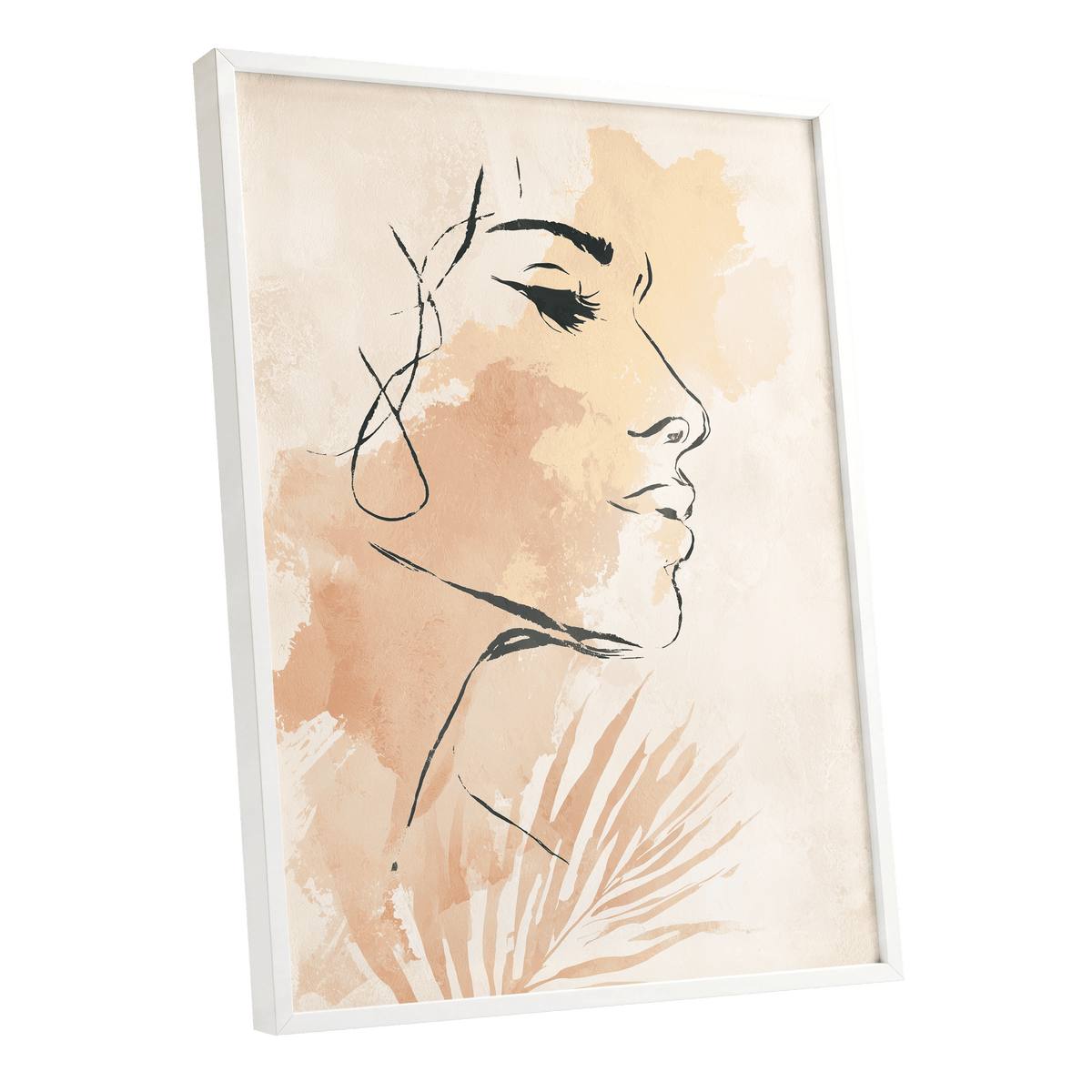 Pastel Feminine Line Art: a framed art print featuring a minimalist profile portrait of a woman's face with black line art over warm beige and peach watercolor washes, set in a white frame against a white background.