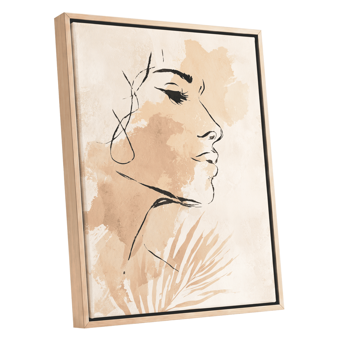 Pastel Feminine Line Art: framed canvas wall art featuring an abstract side-profile portrait of a woman in warm beige and tan tones with black line details, shown at an angle against a white background.