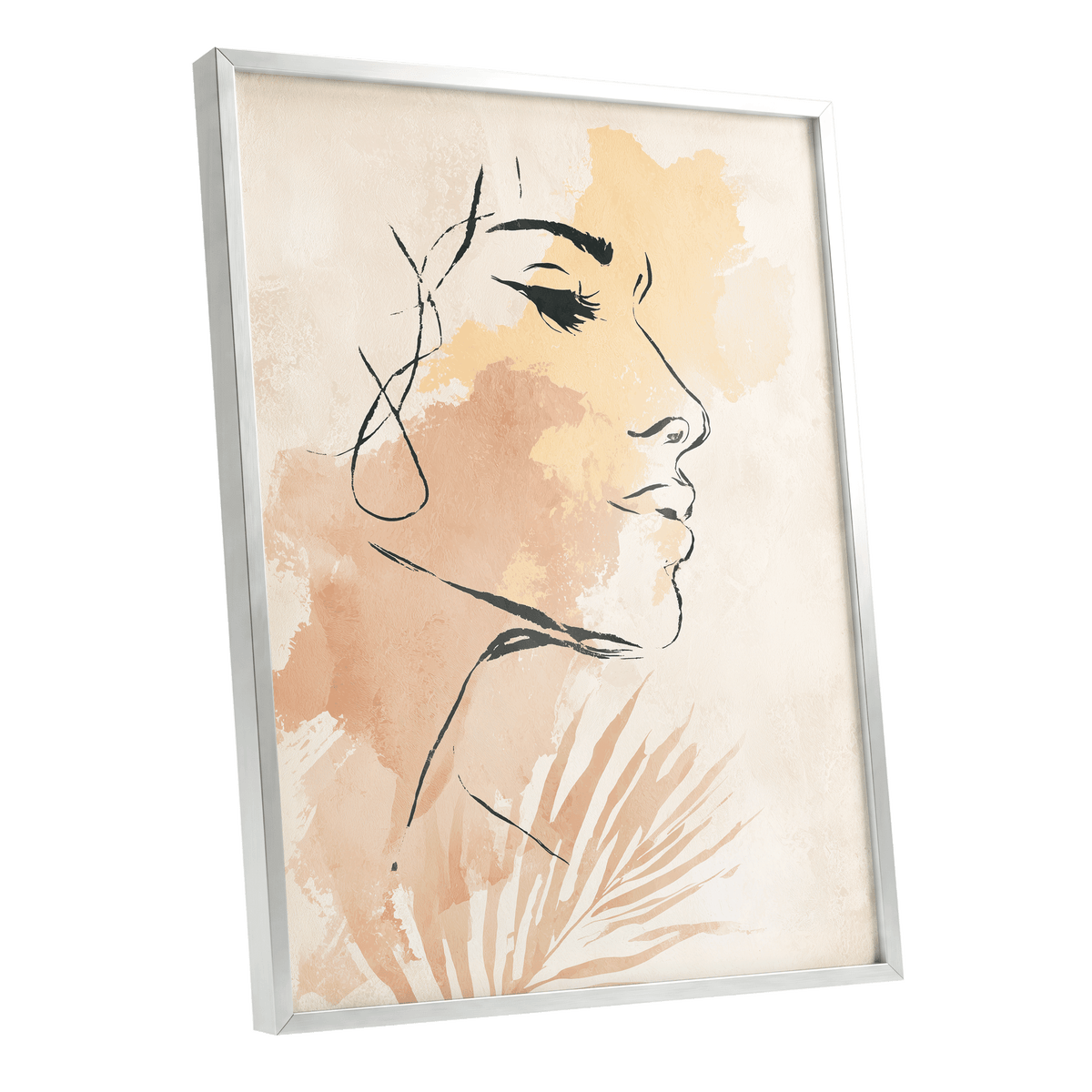Pastel Feminine Line Art: framed wall art featuring a minimalist line drawing of a woman's face in profile, layered over warm beige and peach watercolor washes with a palm leaf motif, shown in a thin silver frame against a white background.