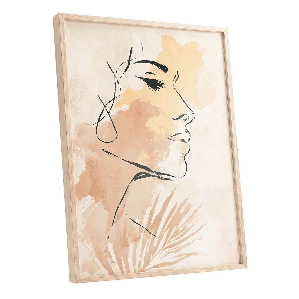 Pastel Feminine Line Art: framed wall art featuring a minimalist line drawing of a woman's profile with warm beige, peach, and cream watercolor washes, shown in a light natural wood frame against a white background.