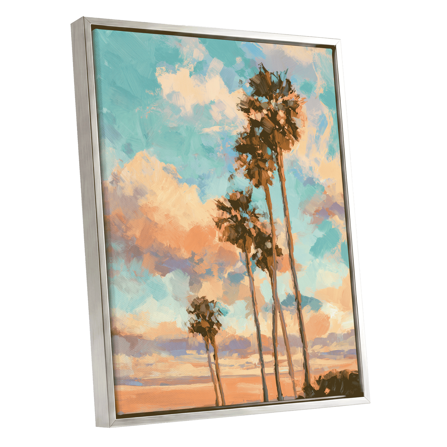 Pastel Palm Horizon – silver framed canvas option