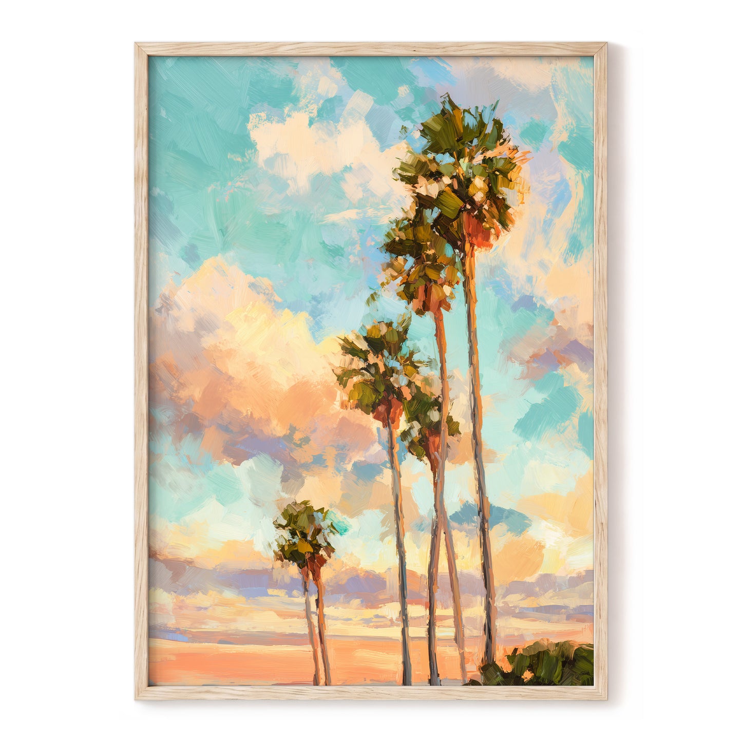 Pastel Palm Horizon – blue, orange, green nature wall art, front view