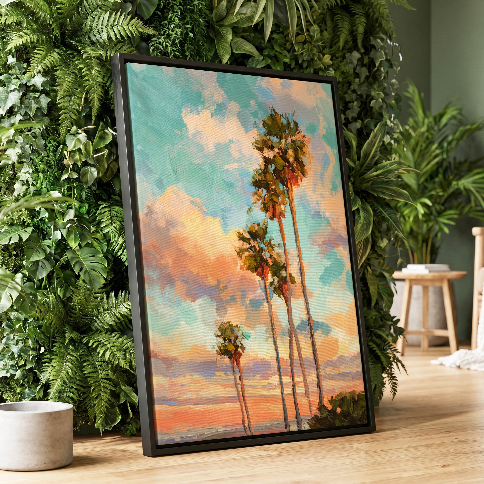 Pastel Palm Horizon – wall art displayed in a styled interior, gallery view 1