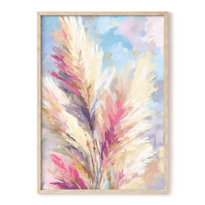 Pastel Plume Garden – blue, pink, beige nature wall art, front view