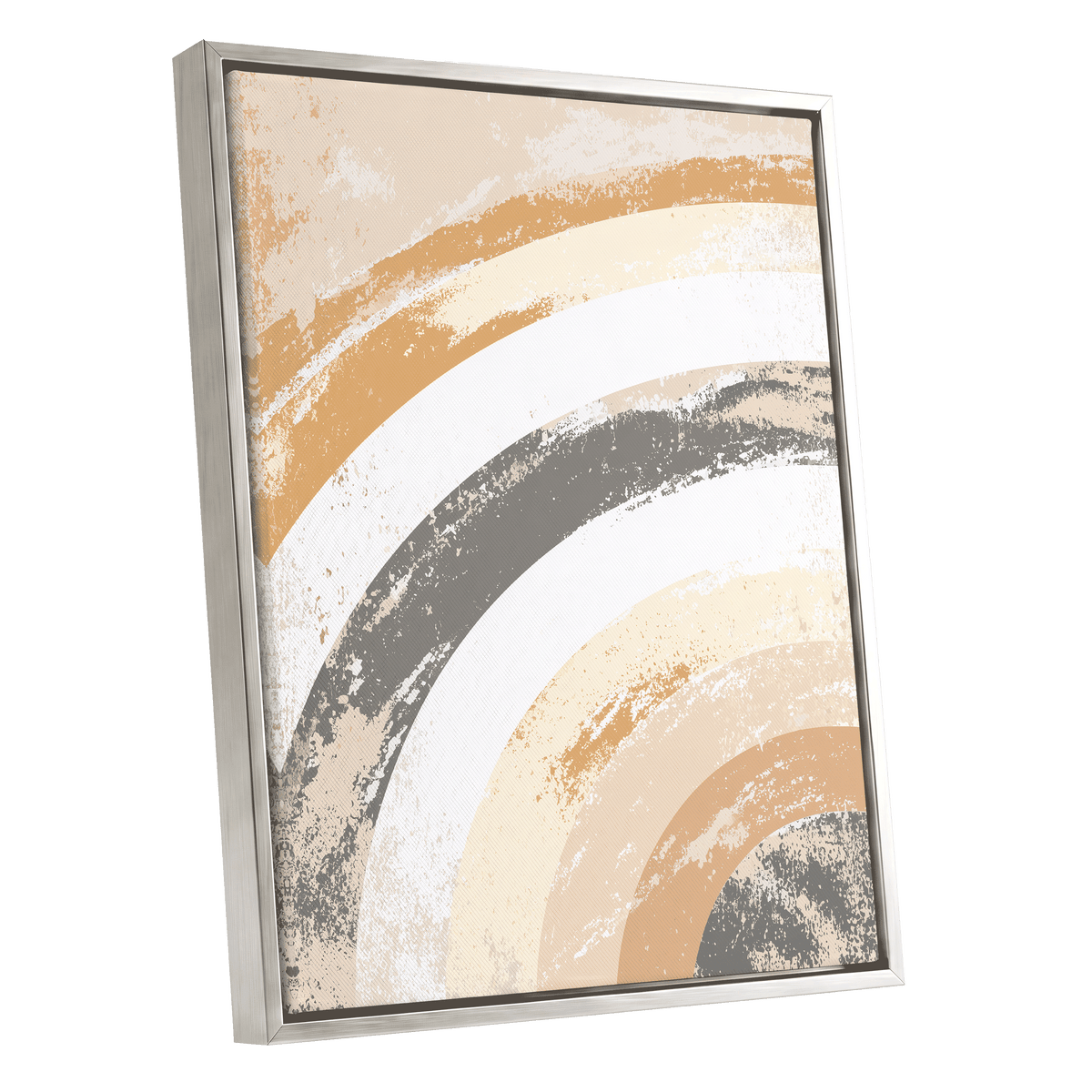 Pastel Rainbow Arches: a framed abstract wall art print featuring curved brushstroke bands in beige, cream, white, tan, and charcoal gray, shown at an angle with a silver frame on a white background.