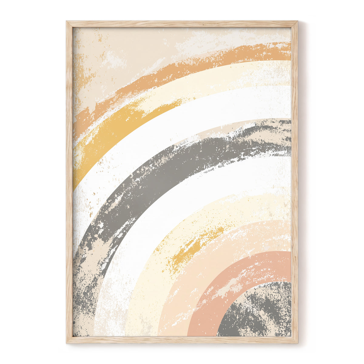 Pastel Rainbow Arches: framed abstract wall art featuring layered arched brushstroke bands in cream, mustard, charcoal, peach, and white, shown in a light natural wood frame against a white background.