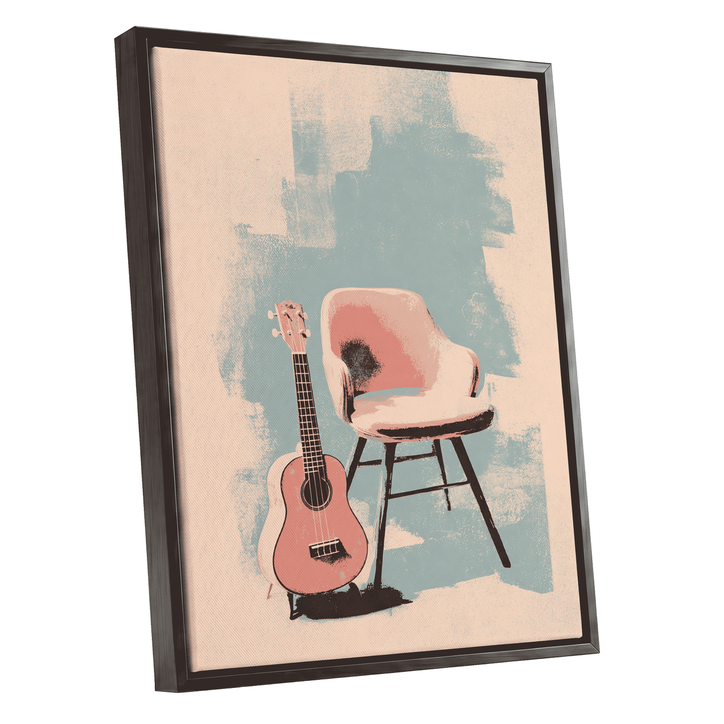 Pastel Serenade, pink, beige, blue abstract wall art shown as a black framed canvas wall art