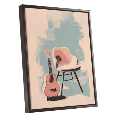 Pastel Serenade, pink, beige, blue abstract wall art shown as a black framed canvas wall art