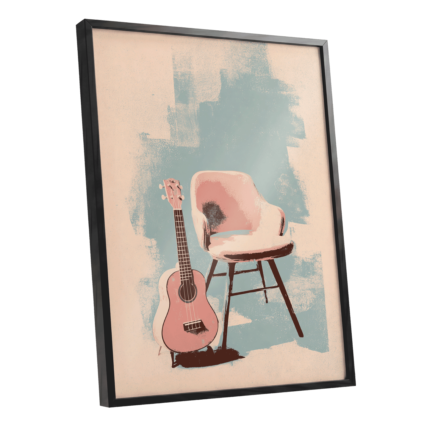 Pastel Serenade, pink, beige, blue abstract wall art shown as a black framed poster wall art print