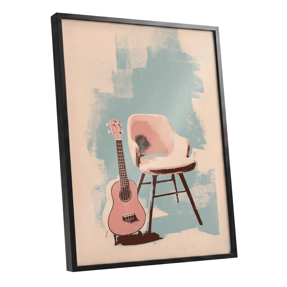 Pastel Serenade, pink, beige, blue abstract wall art shown as a black framed poster wall art print
