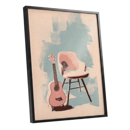 Pastel Serenade, pink, beige, blue abstract wall art shown as a black framed poster wall art print