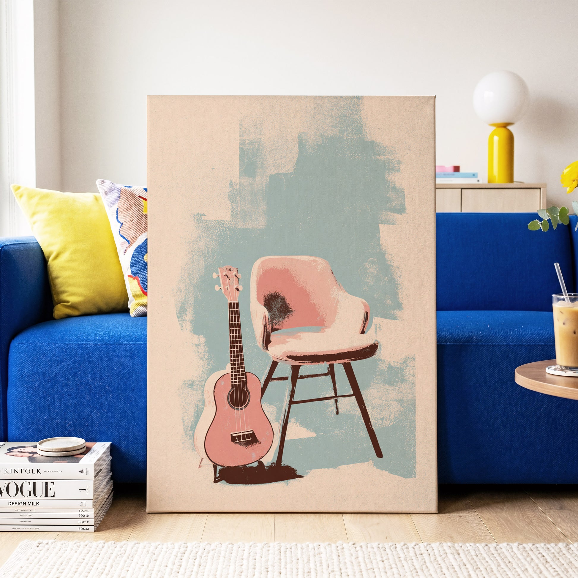 Pastel Serenade, pink, beige, blue abstract wall art on canvas displayed in a styled interior, gallery view 2