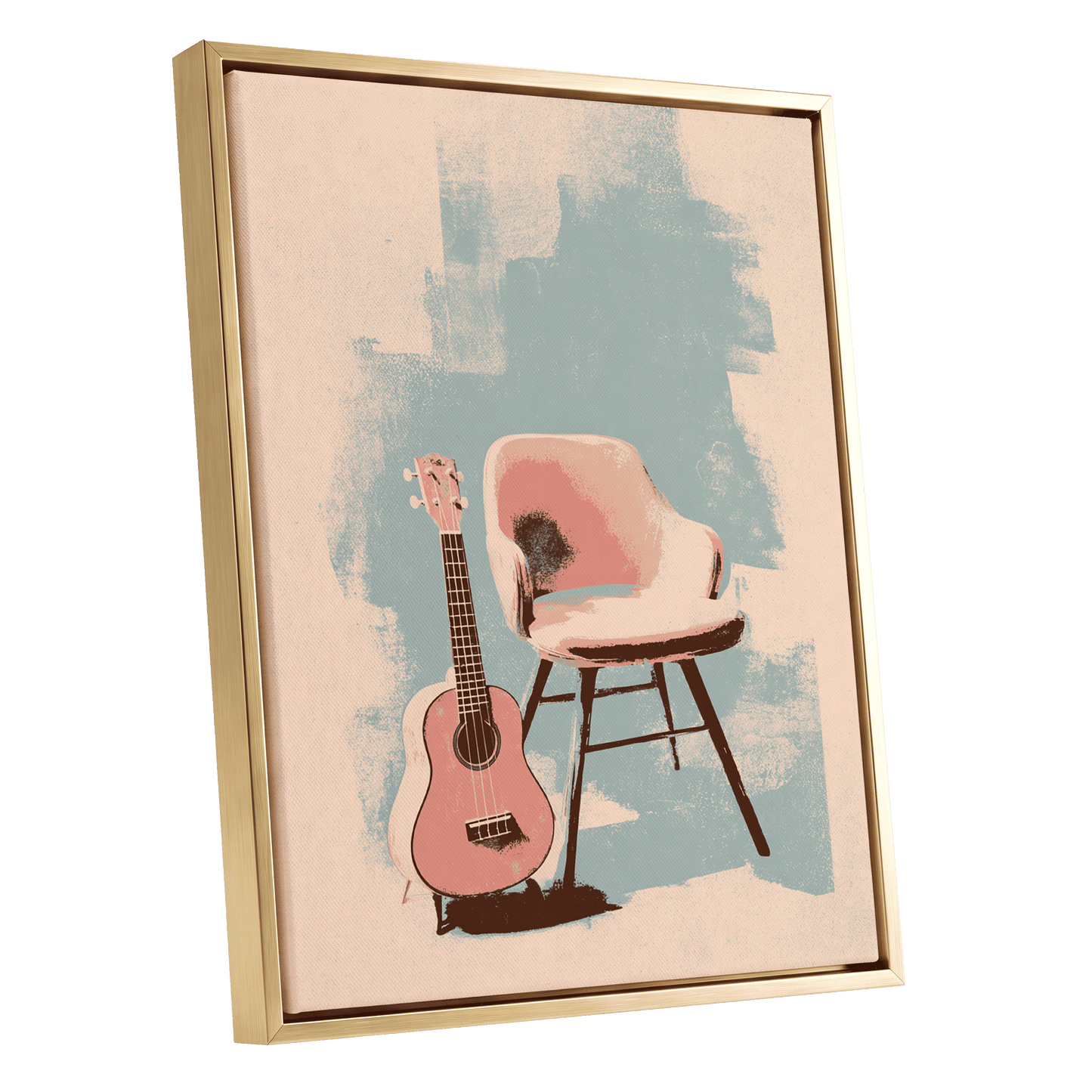 Pastel Serenade, pink, beige, blue abstract wall art shown as a gold framed canvas wall art