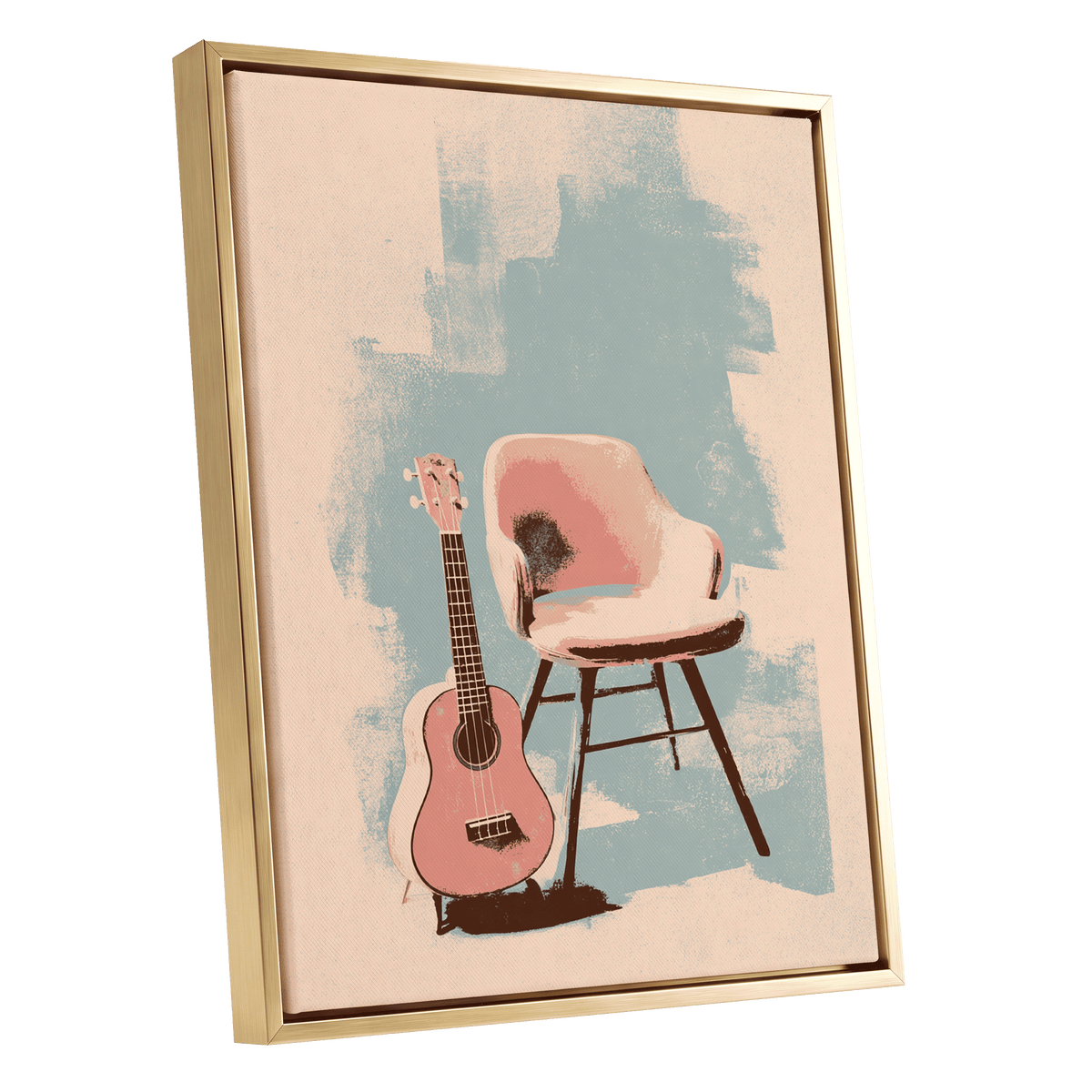 Pastel Serenade, pink, beige, blue abstract wall art shown as a gold framed canvas wall art