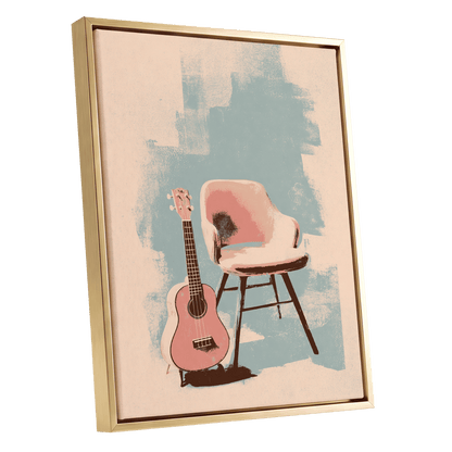 Pastel Serenade, pink, beige, blue abstract wall art shown as a gold framed canvas wall art