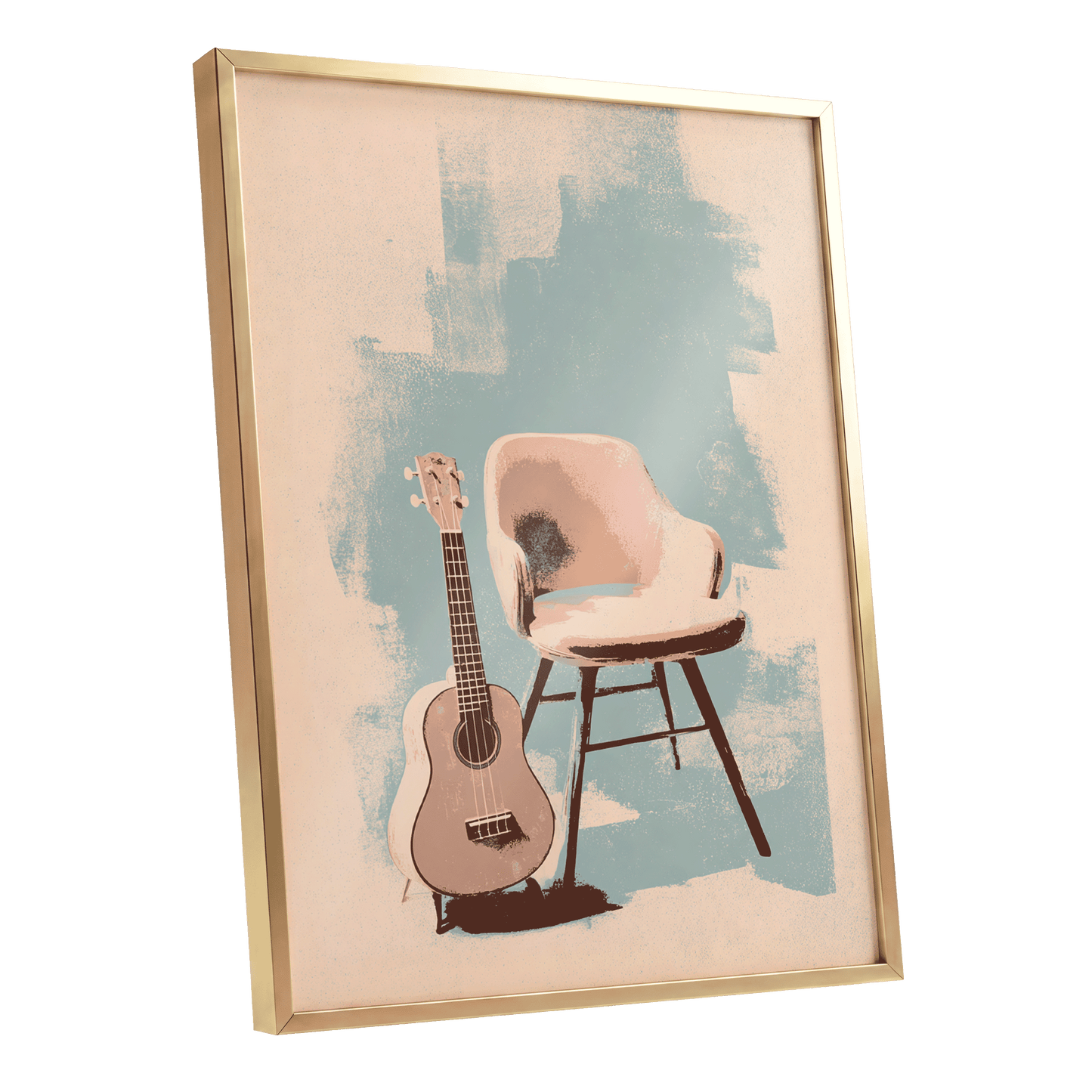 Pastel Serenade, pink, beige, blue abstract wall art shown as a gold framed poster wall art print