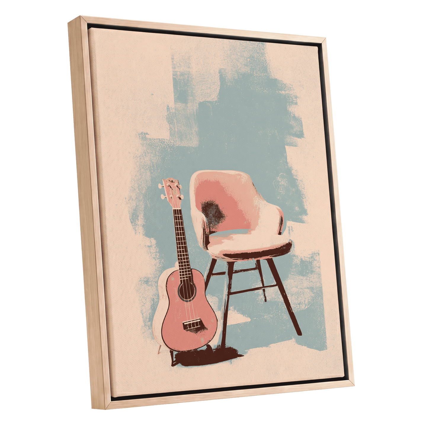 Pastel Serenade, pink, beige, blue abstract wall art shown as a oak framed canvas wall art