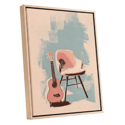 Pastel Serenade, pink, beige, blue abstract wall art shown as a oak framed canvas wall art