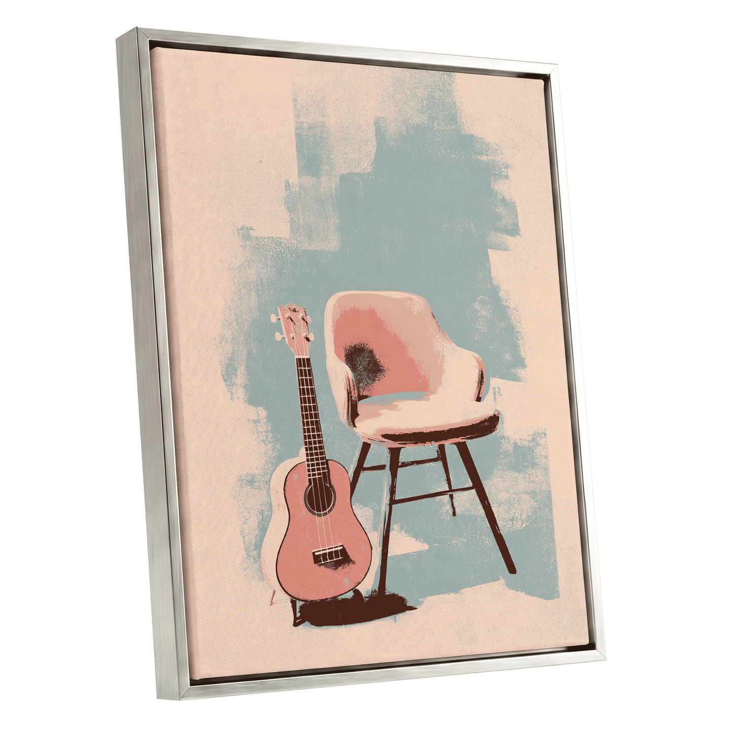 Pastel Serenade, pink, beige, blue abstract wall art shown as a silver framed canvas wall art