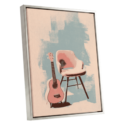 Pastel Serenade, pink, beige, blue abstract wall art shown as a silver framed canvas wall art