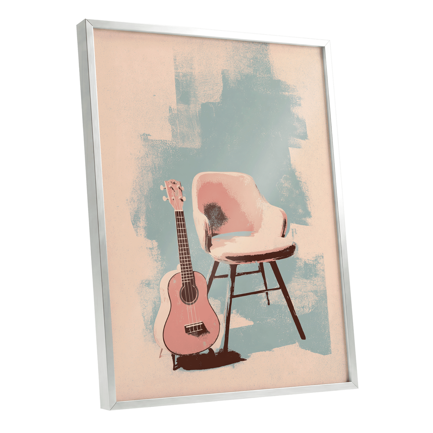 Pastel Serenade, pink, beige, blue abstract wall art shown as a silver framed poster wall art print