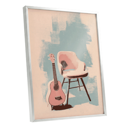 Pastel Serenade, pink, beige, blue abstract wall art shown as a silver framed poster wall art print