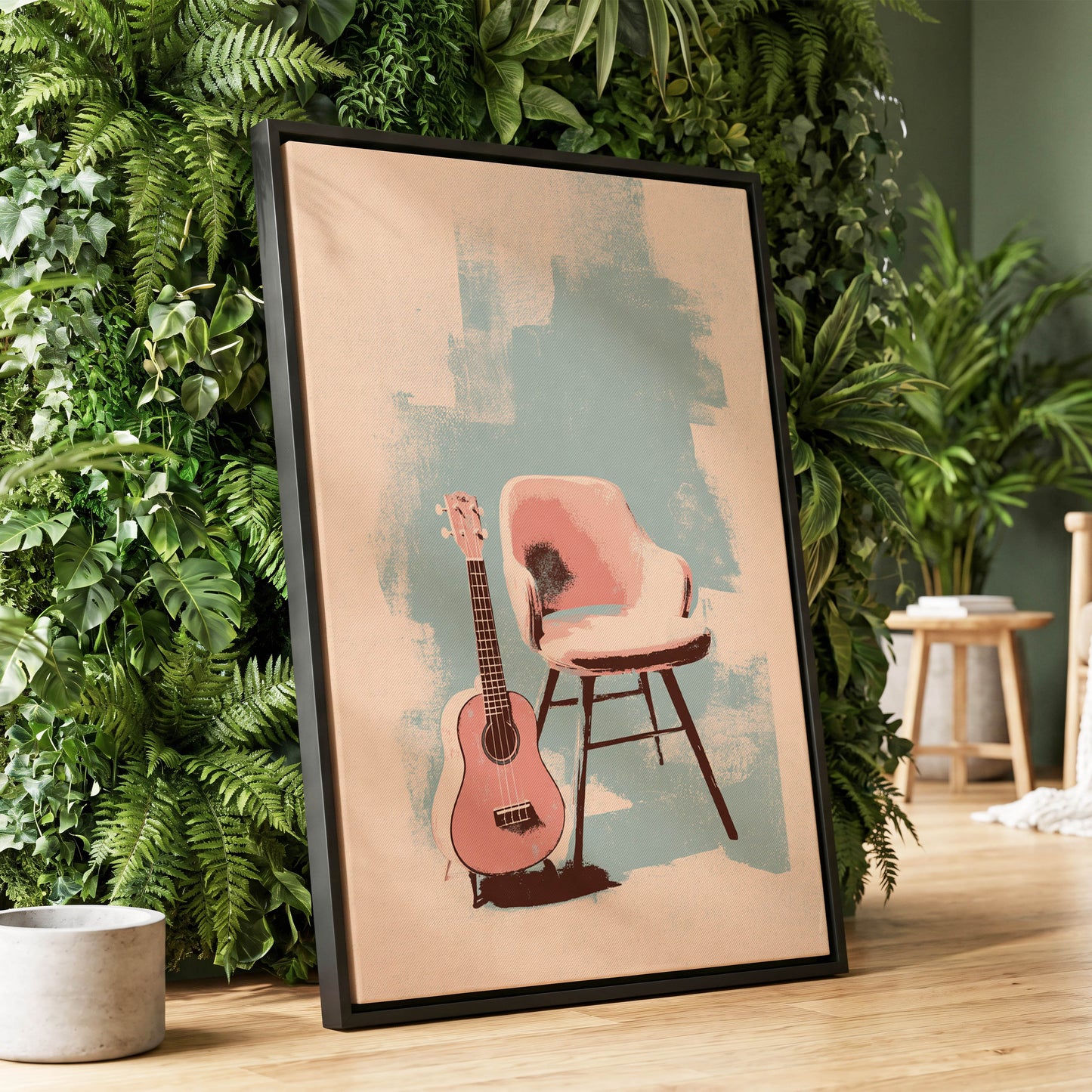 Pastel Serenade, pink, beige, blue abstract wall art displayed in a styled interior, gallery view 1