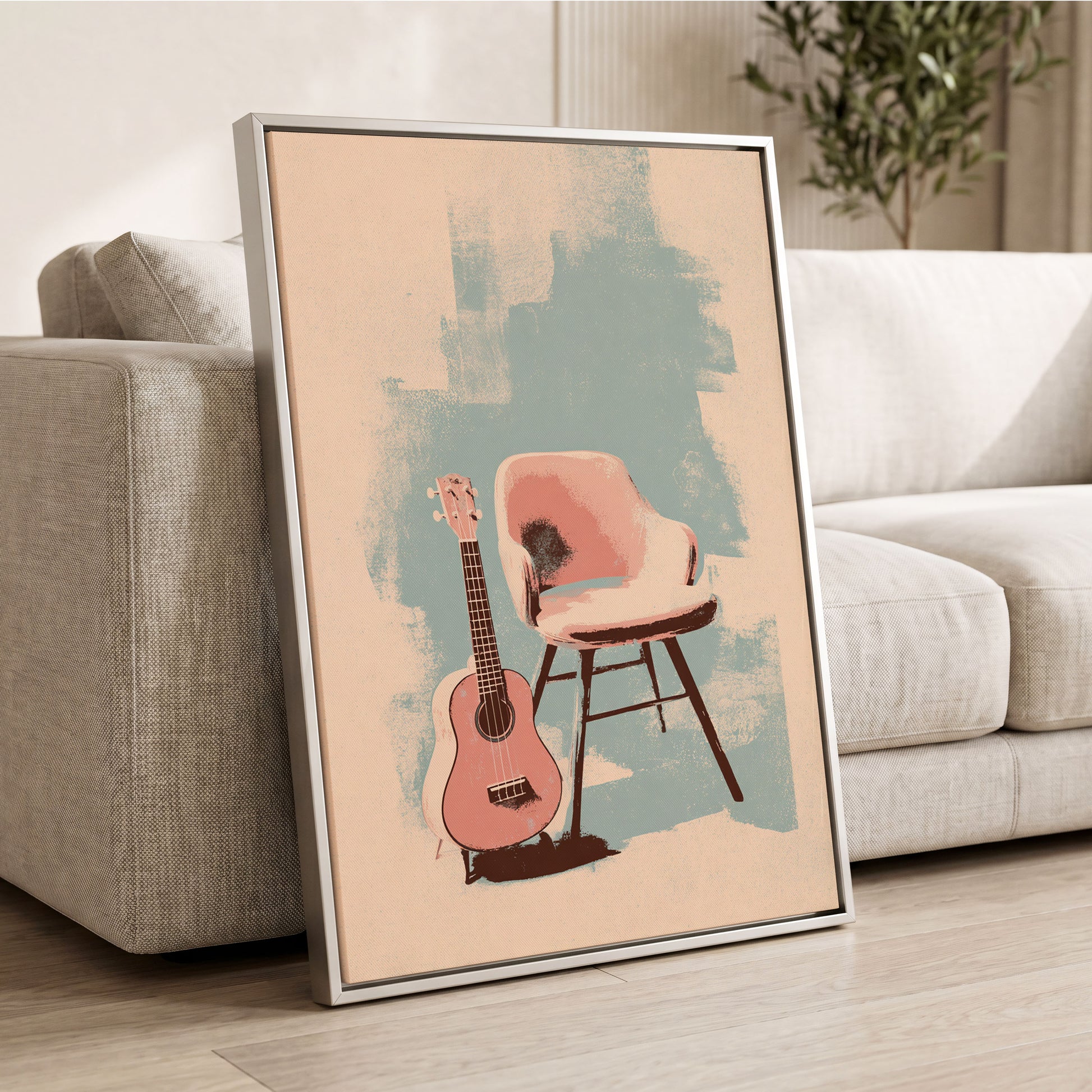 Pastel Serenade, pink, beige, blue abstract wall art displayed in a styled interior, gallery view 2