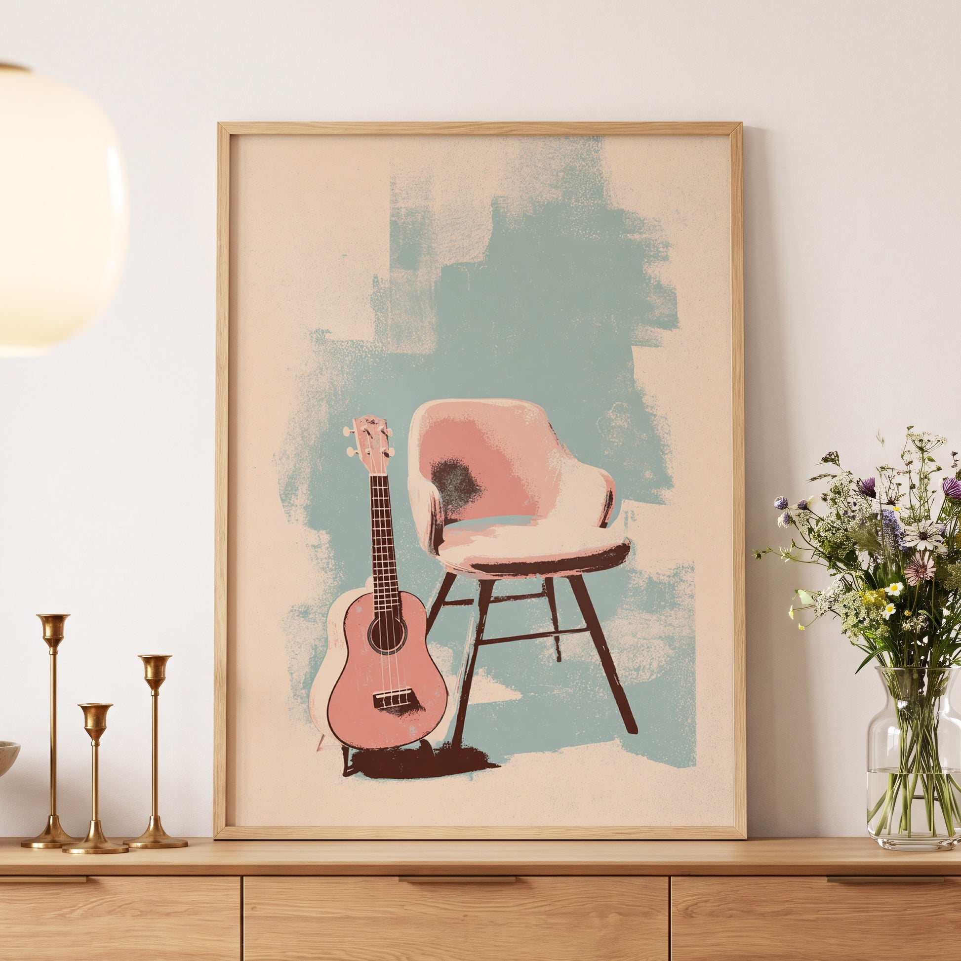 Pastel Serenade, pink, beige, blue abstract wall art displayed in a styled interior, gallery view 4