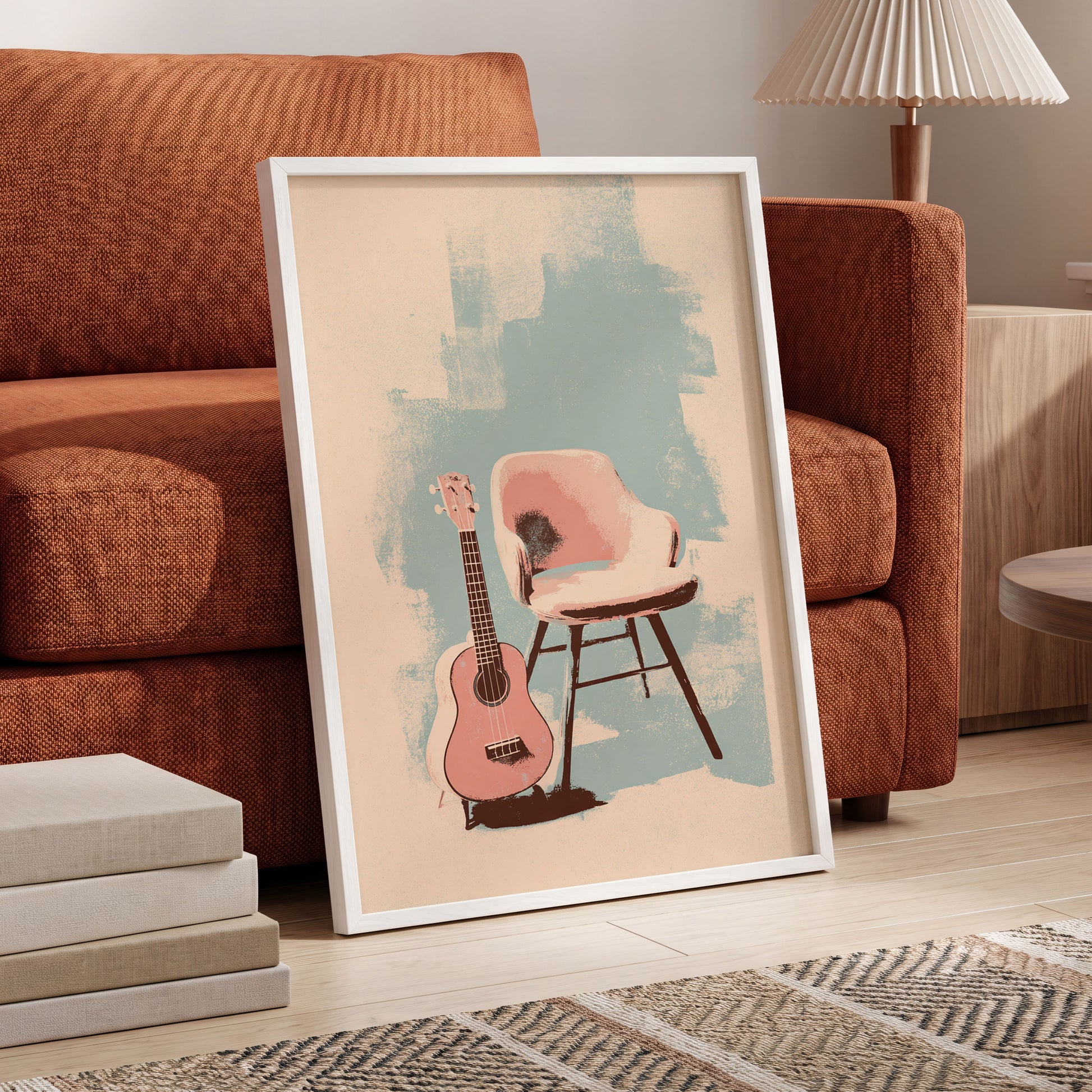 Pastel Serenade, pink, beige, blue abstract wall art displayed in a styled interior, gallery view 6