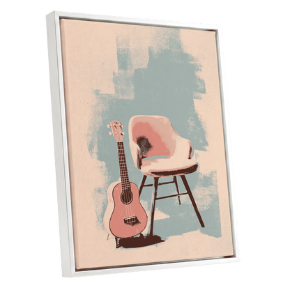 Pastel Serenade, pink, beige, blue abstract wall art shown as a white framed canvas wall art