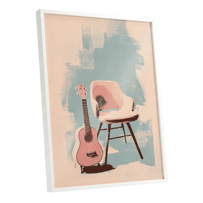 Pastel Serenade, pink, beige, blue abstract wall art shown as a white framed poster wall art print