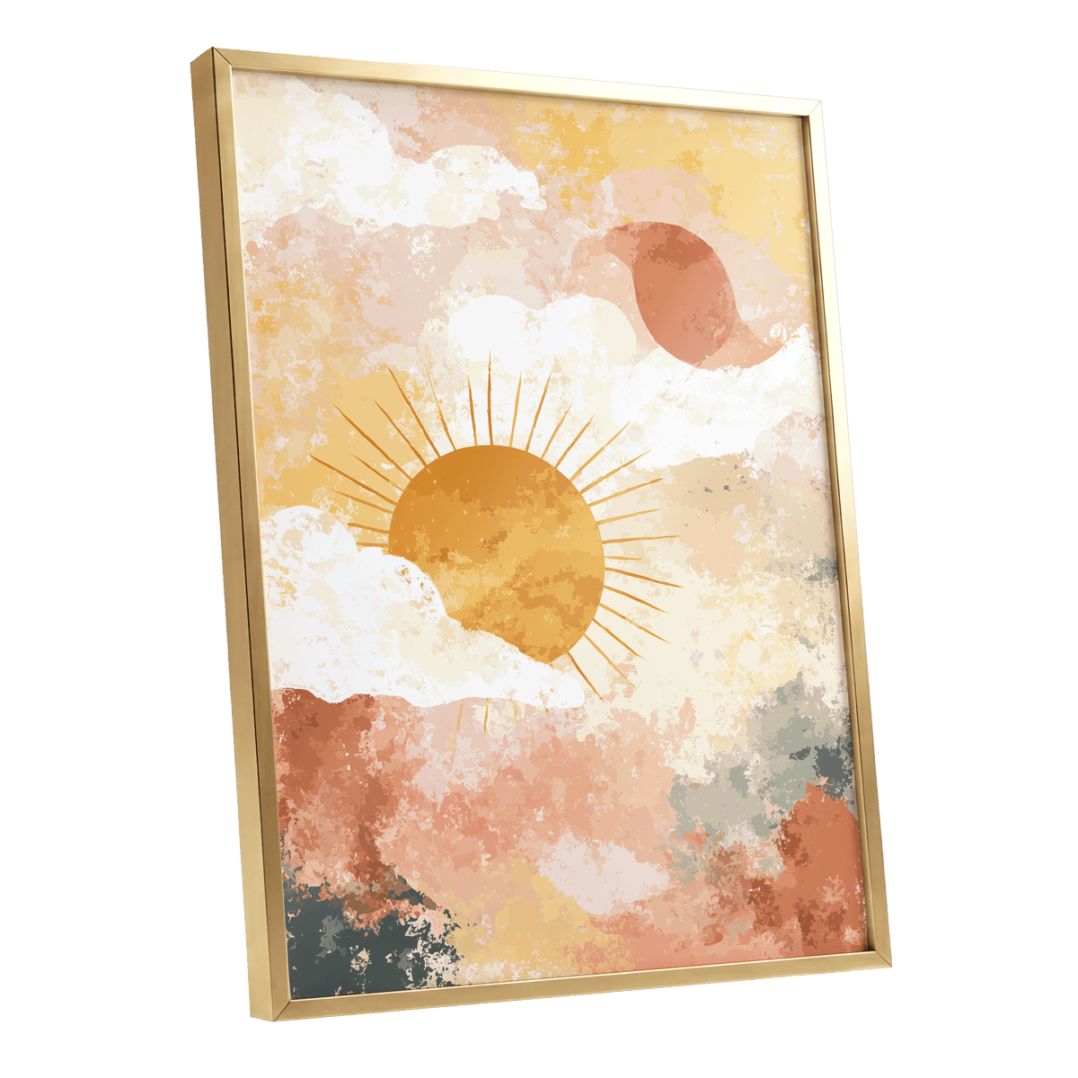 Pastel Sunrise Clouds: a framed art print featuring a stylized sun and clouds in warm earthy tones, enclosed in a gold frame against a plain white background.