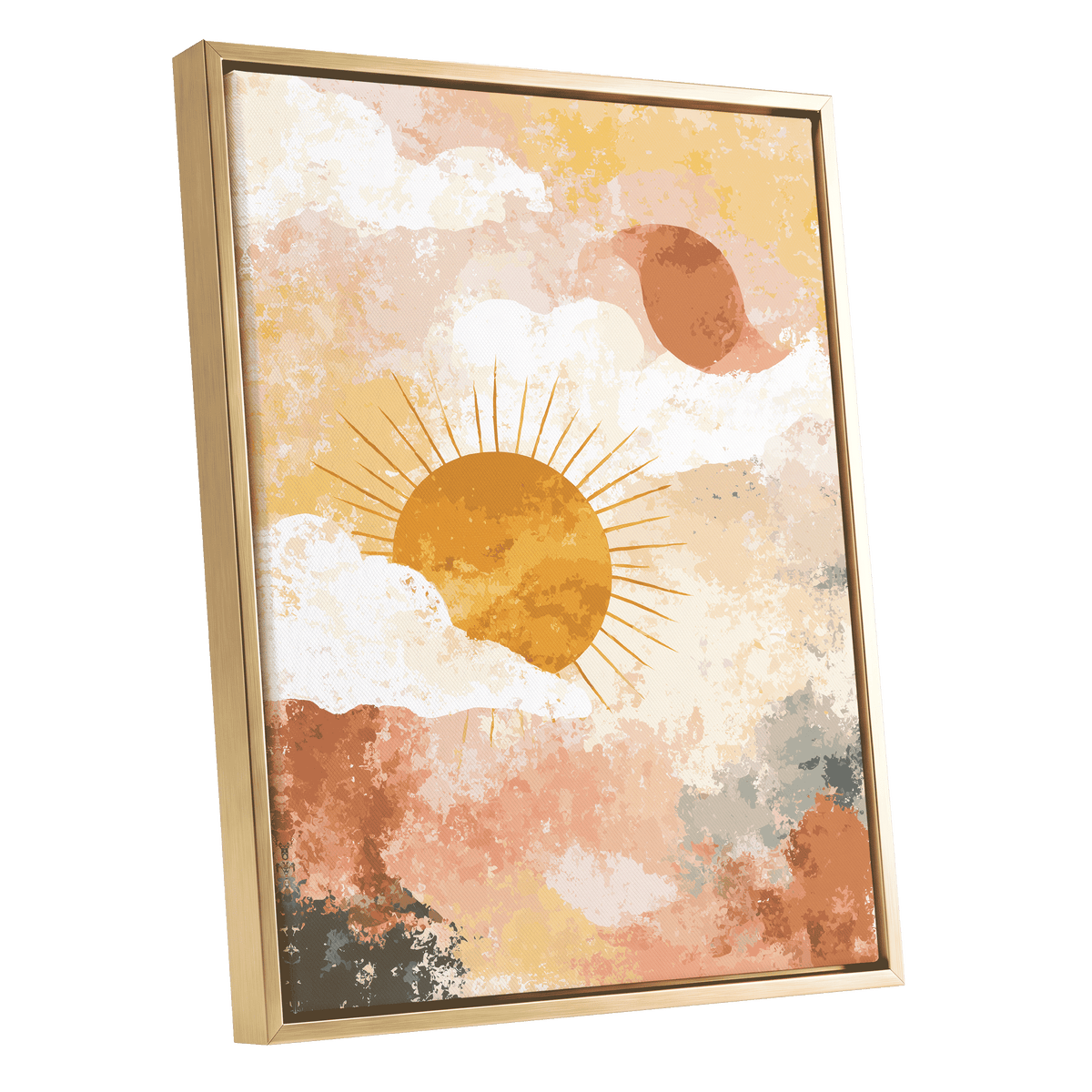 Pastel Sunrise Clouds: framed wall art featuring an abstract sun and clouds in warm earthy tones, shown in a light wood frame against a plain white background.