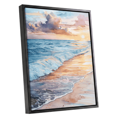 Pastel Tide at Sunset, blue, orange, beige nature wall art shown as a black framed canvas wall art
