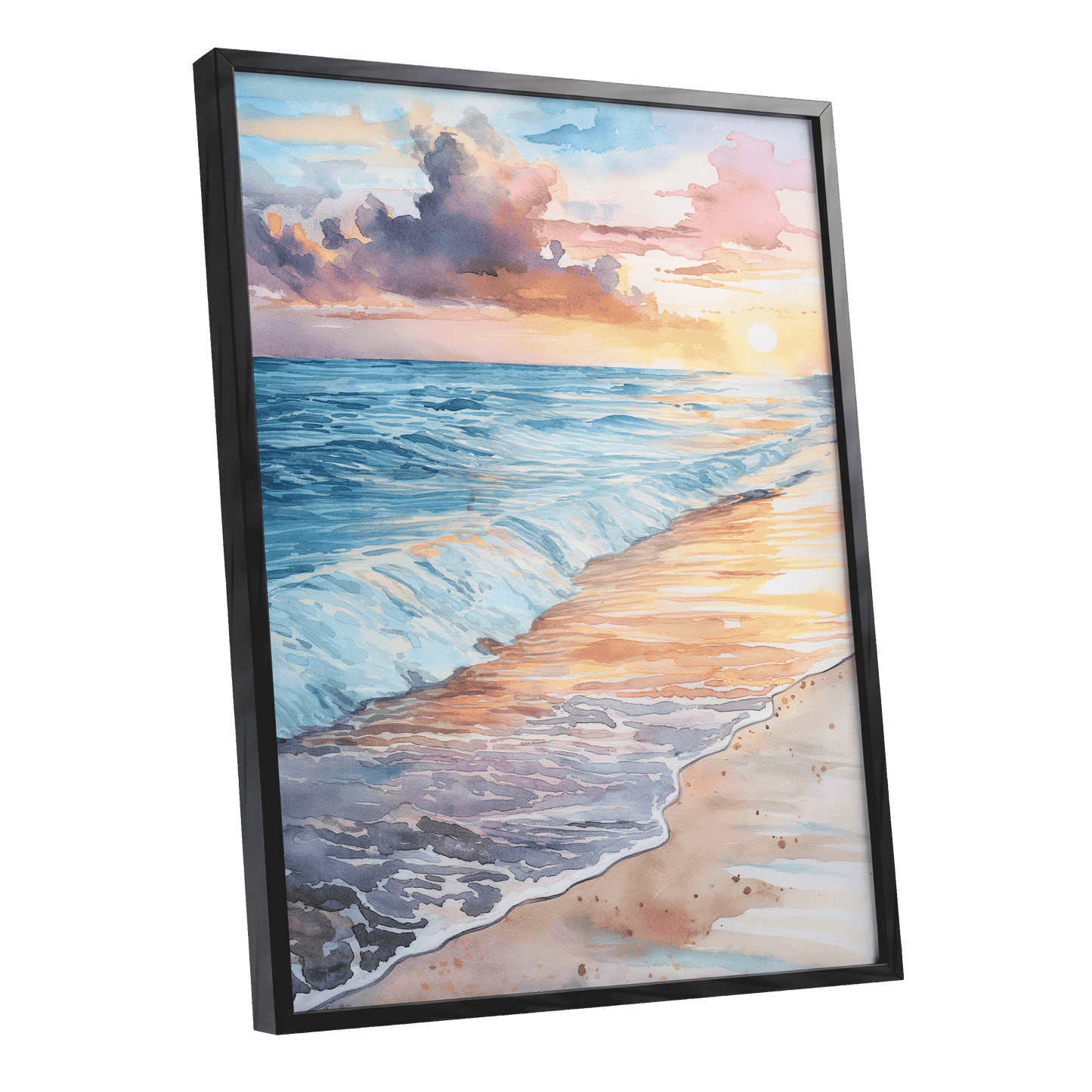 Pastel Tide at Sunset, blue, orange, beige nature wall art shown as a black framed poster wall art print