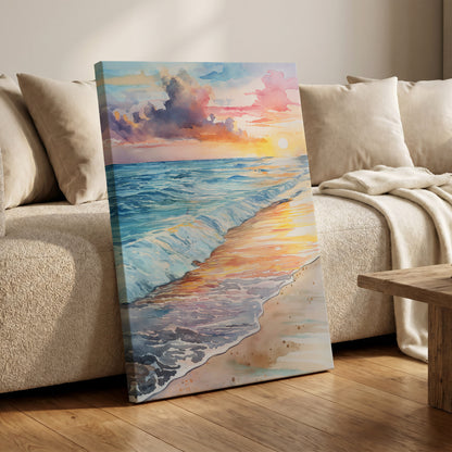Pastel Tide at Sunset, blue, orange, beige nature wall art on canvas displayed in a styled interior, gallery view 1