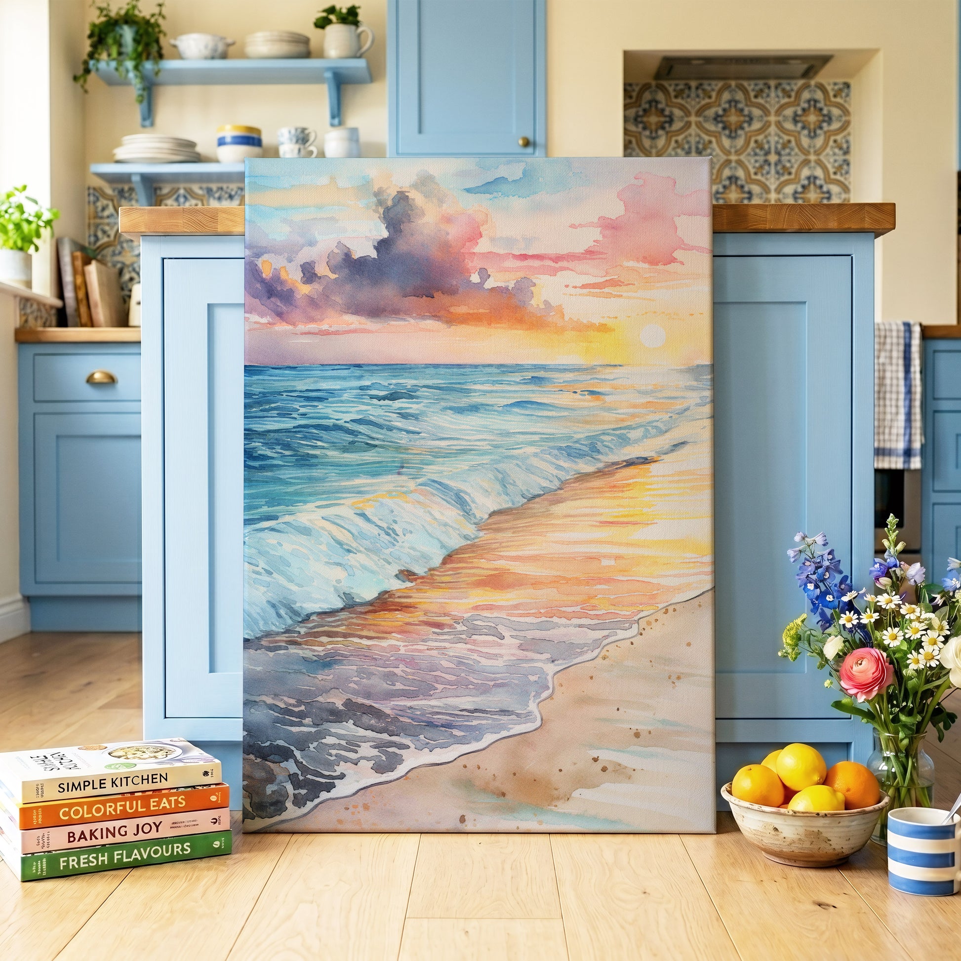 Pastel Tide at Sunset, blue, orange, beige nature wall art on canvas displayed in a styled interior, gallery view 2