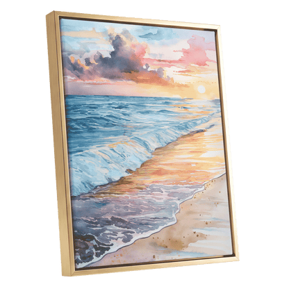 Pastel Tide at Sunset, blue, orange, beige nature wall art shown as a gold framed canvas wall art