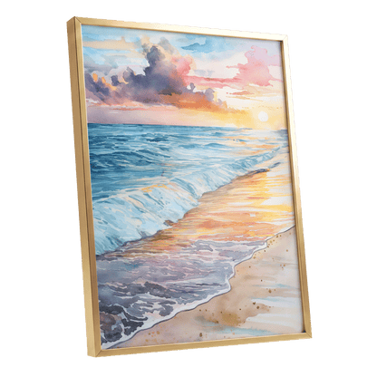 Pastel Tide at Sunset, blue, orange, beige nature wall art shown as a gold framed poster wall art print