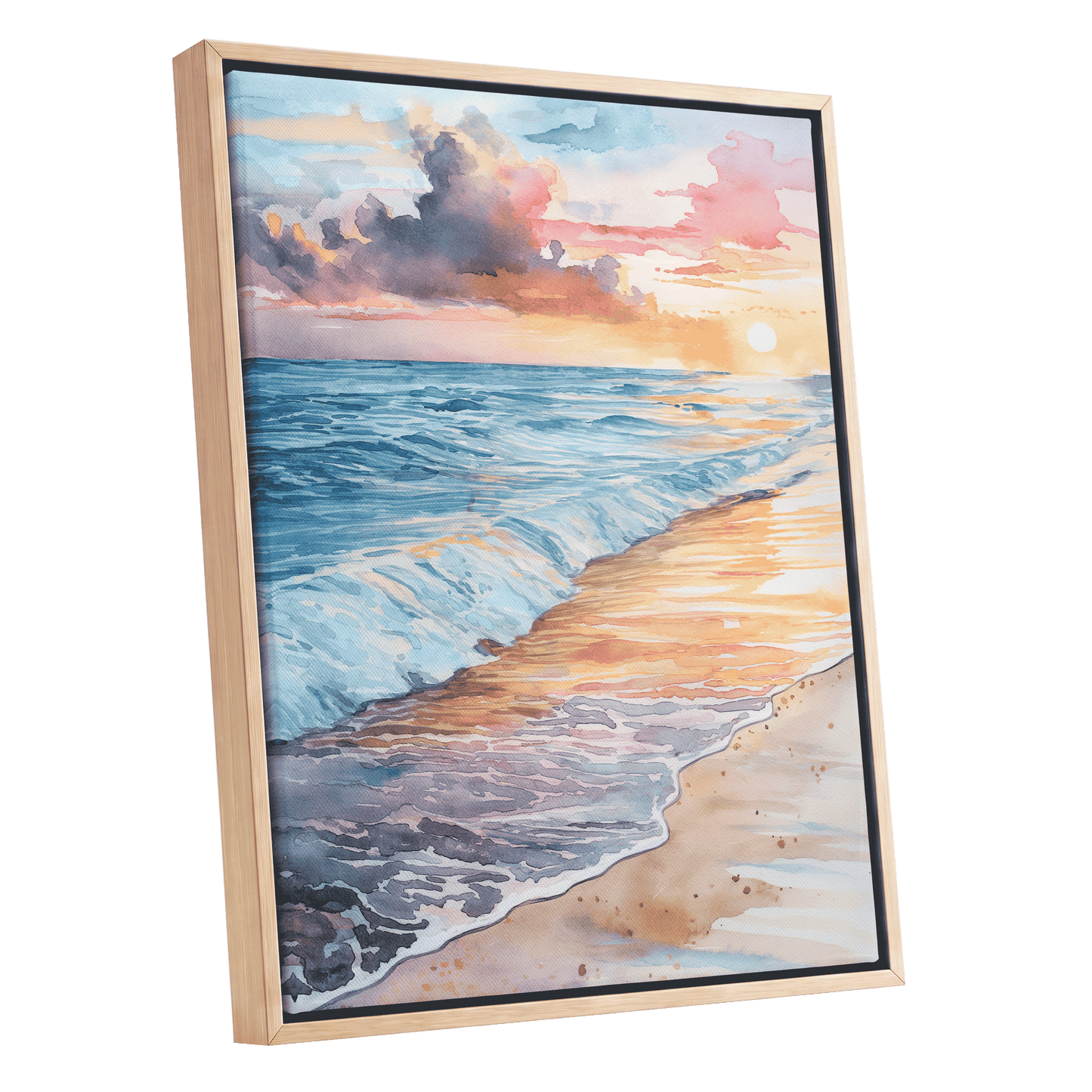 Pastel Tide at Sunset, blue, orange, beige nature wall art shown as a oak framed canvas wall art