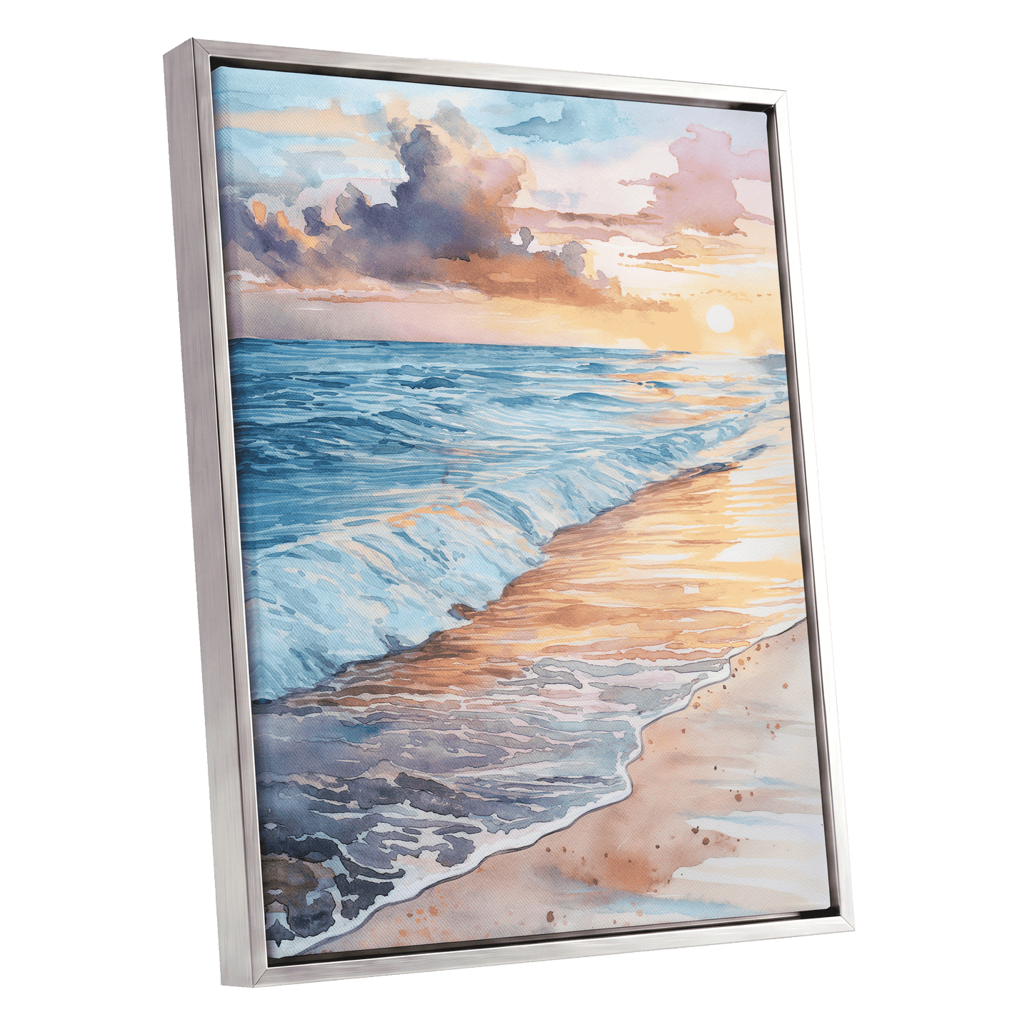Pastel Tide at Sunset, blue, orange, beige nature wall art shown as a silver framed canvas wall art