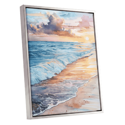 Pastel Tide at Sunset, blue, orange, beige nature wall art shown as a silver framed canvas wall art