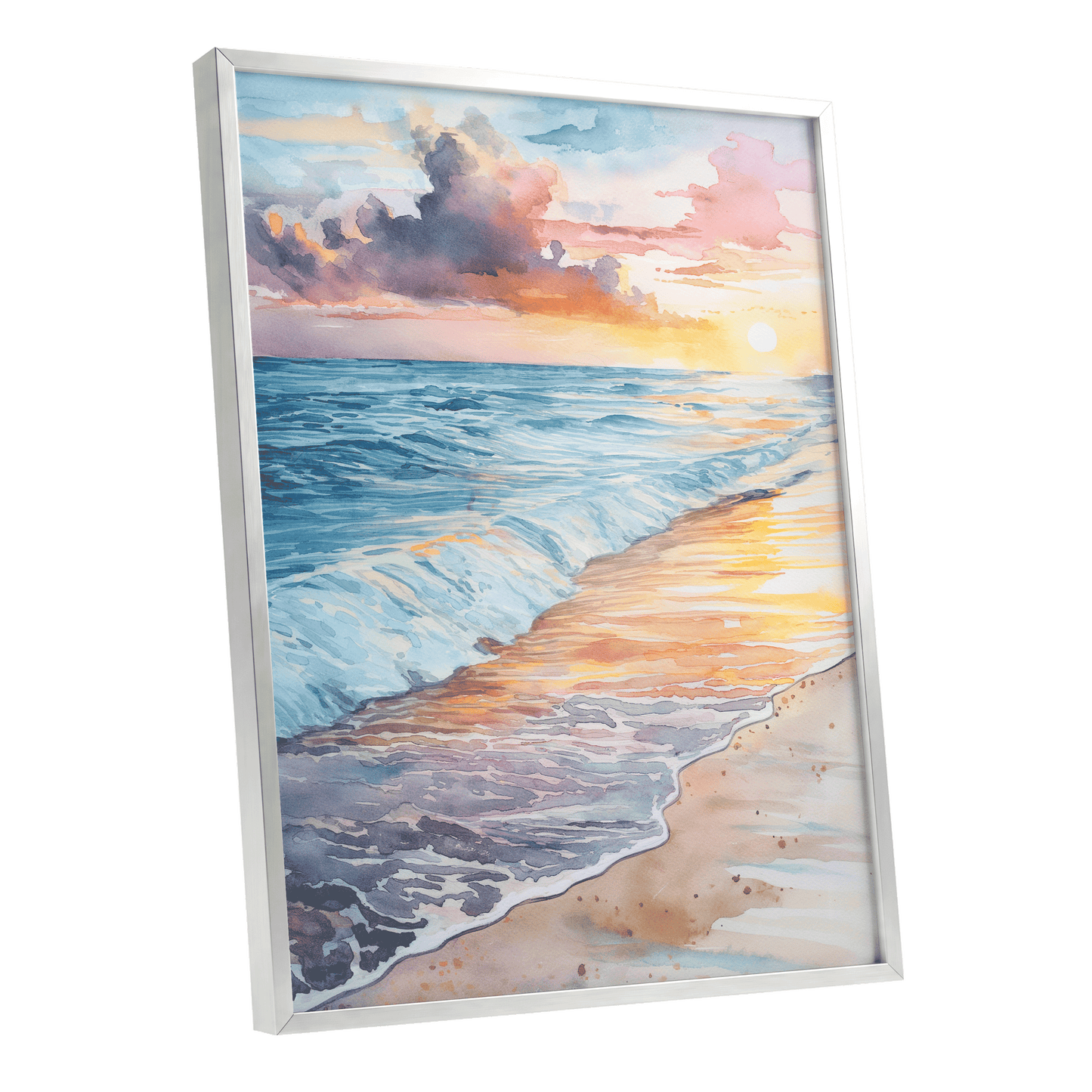 Pastel Tide at Sunset, blue, orange, beige nature wall art shown as a silver framed poster wall art print