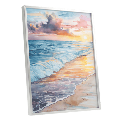 Pastel Tide at Sunset, blue, orange, beige nature wall art shown as a silver framed poster wall art print