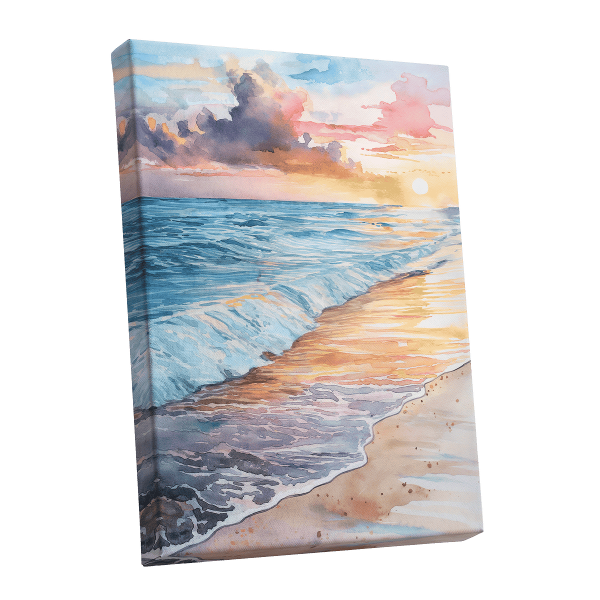 Pastel Tide at Sunset, blue, orange, beige nature wall art shown as a stretched canvas wall art