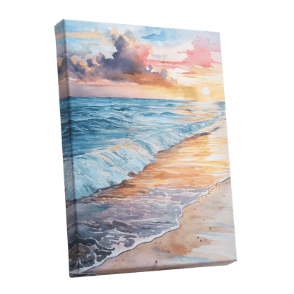 Pastel Tide at Sunset, blue, orange, beige nature wall art shown as a stretched canvas wall art