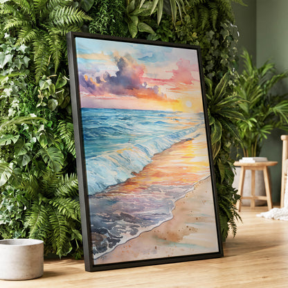 Pastel Tide at Sunset, blue, orange, beige nature wall art displayed in a styled interior, gallery view 1
