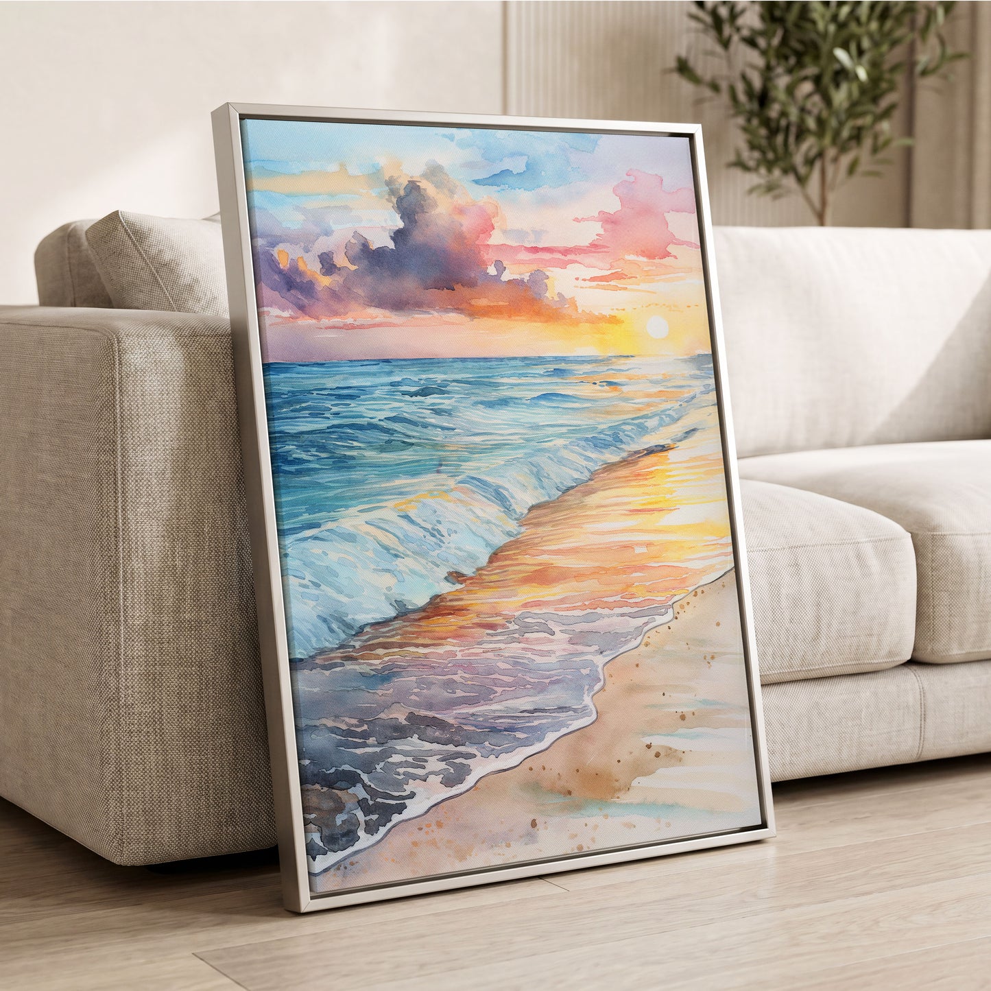 Pastel Tide at Sunset, blue, orange, beige nature wall art displayed in a styled interior, gallery view 2