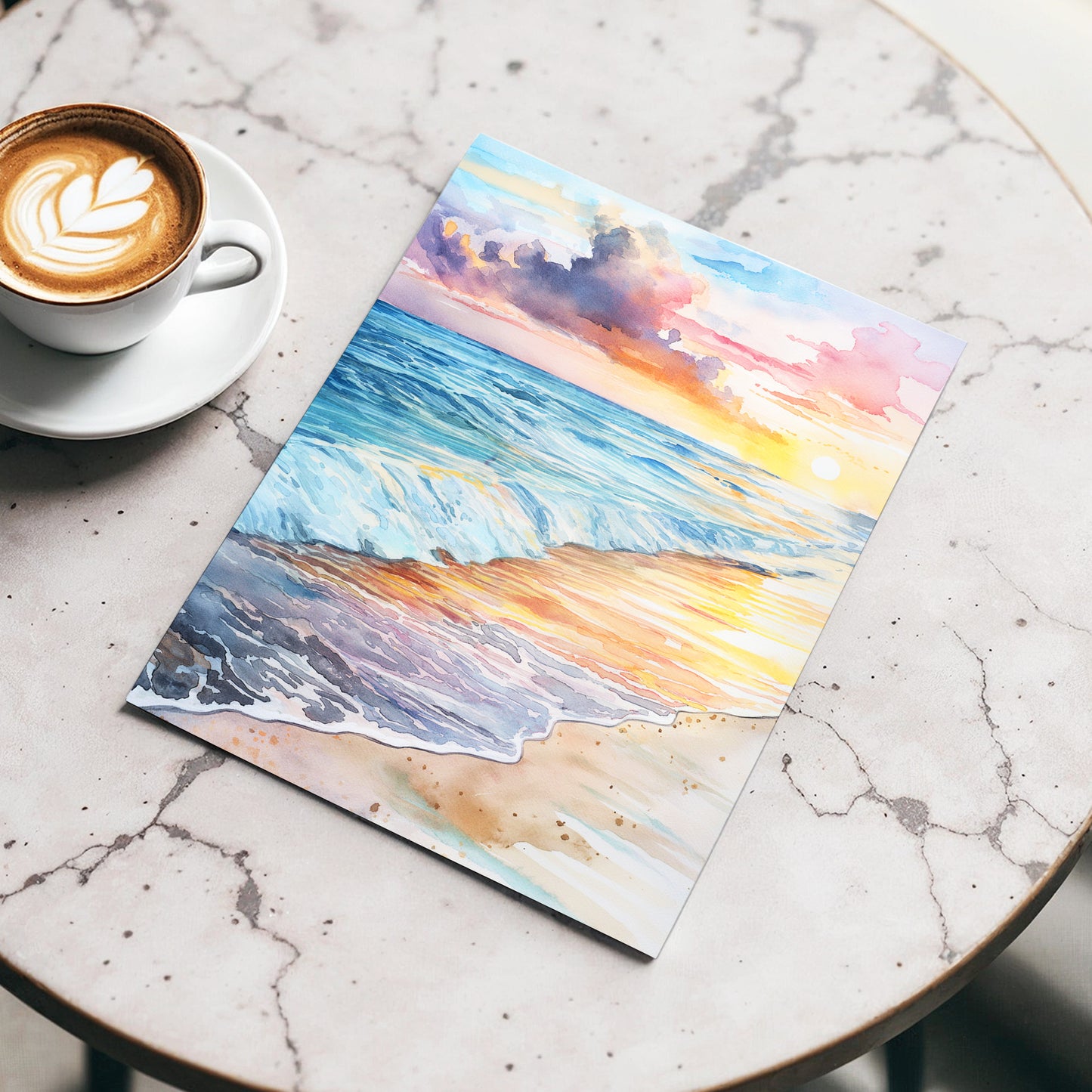 Pastel Tide at Sunset, blue, orange, beige nature wall art displayed in a styled interior, gallery view 3